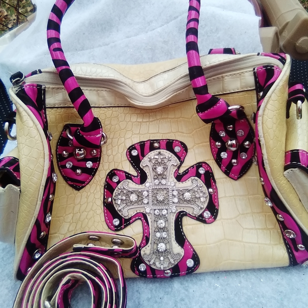 Pink Zebra/tan purse w/Cross